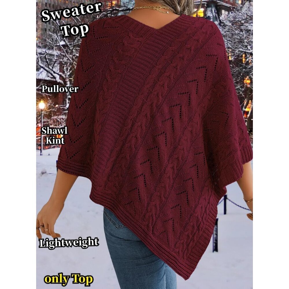 Women Knit Poncho Sweater Irregular Hollow Out Cape Top Casual Fall Winter - Picture 3 of 7